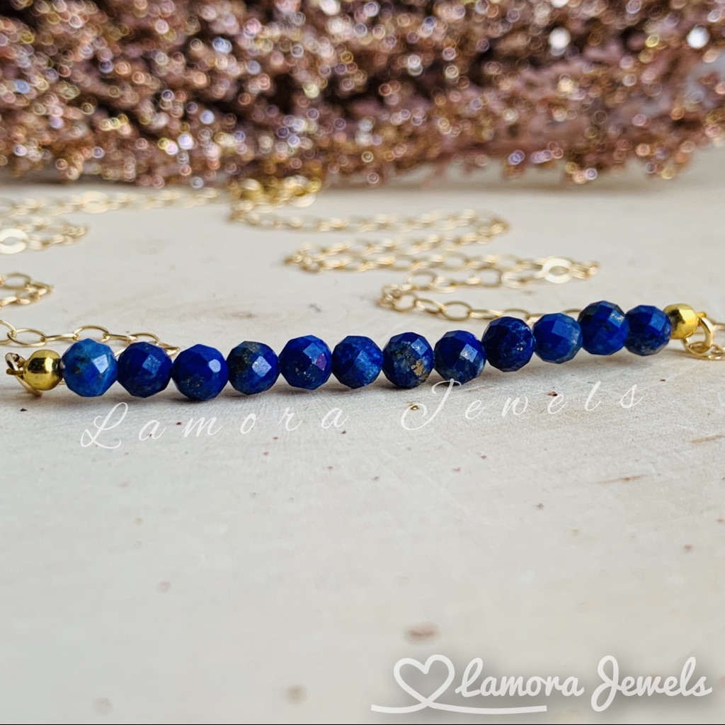 14k Lapis Lazuli Bar Necklace Natural Blue Gemstone Faceted Crystal Beaded